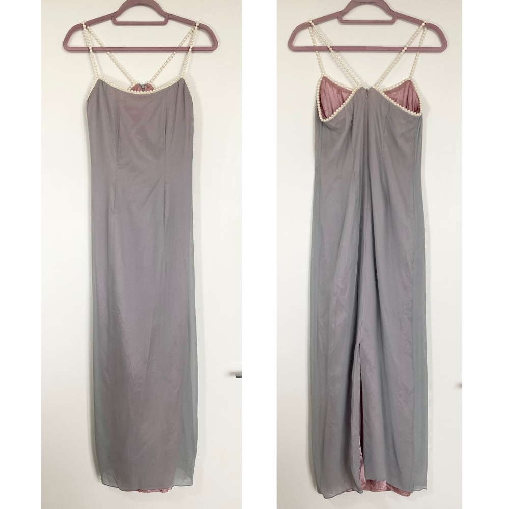 Watters Gray Slip Gown with Pink Lining and Pearl Straps